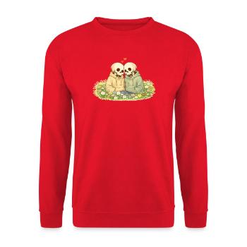 Cozy Skelett Paar auf Blumenwiese – Nähe - Unisex Pullover - Rot - Vorne - Alina (178cm) & Michal (187cm)