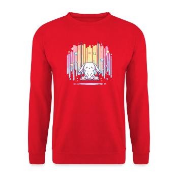 Pastellhäschen auf Schaukel Regenbogen - Unisex Pullover - Rot - Vorne - Alina (178cm) & Michal (187cm)