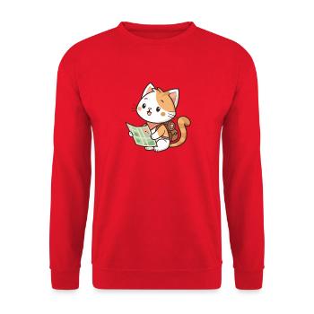Kawaii explorer cat reading card - Unisex Sweatshirt - red - Front - Alina (178cm) & Michal (187cm)