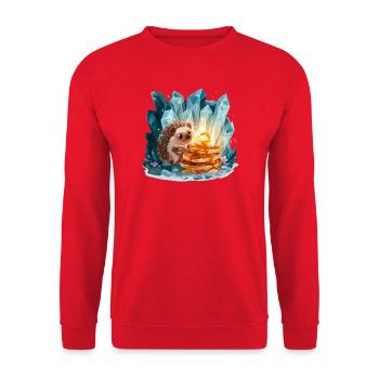 Igel mit goldenen Pfannkuchen - Unisex Pullover - Rot - Vorne - Alina (178cm) & Michal (187cm)