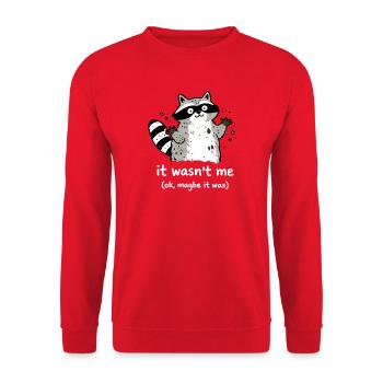 It Wasn’t Me Süßer Waschbär Spruch - Unisex Pullover - Rot - Vorne - Alina (178cm) & Michal (187cm)