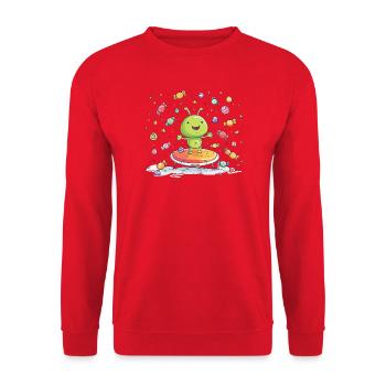 Kleiner grüner Alien auf Trampolin - Unisex Pullover - Rot - Vorne - Alina (178cm) & Michal (187cm)