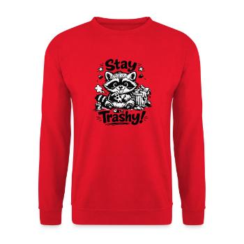 Stay Trashy Waschbär Doodle Motiv - Unisex Pullover - Rot - Vorne - Alina (178cm) & Michal (187cm)