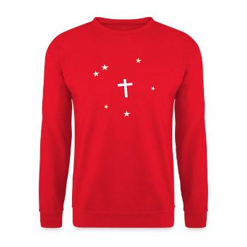 Minimalistisches Kreuz im Sternenhimmel - Unisex Pullover - Rot - Vorne - Alina (178cm) & Michal (187cm)