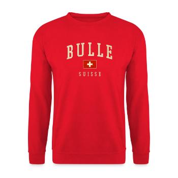 Bulle Schweiz Design - Varsity Stil - Unisex Pullover - Rot - Vorne - Alina (178cm) & Michal (187cm)