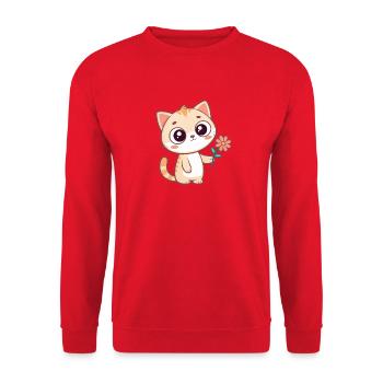 Kawaii-Katze und Pastellblume - Unisex Pullover - Rot - Vorne - Alina (178cm) & Michal (187cm)