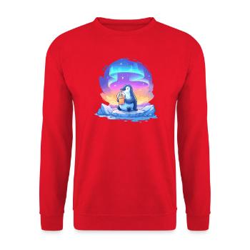 Pingouin Aurore avec Drink - Sweat-shirt Unisexe - rouge - Devant - Alina (178cm) & Michal (187cm)