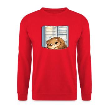 Kleine Katze vor offenem Kühlschrank - Unisex Pullover - Rot - Vorne - Alina (178cm) & Michal (187cm)