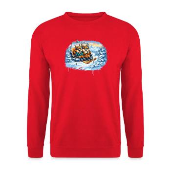 Eichhörnchen & Fuchs im Skilift – Winterspaß - Unisex Pullover - Rot - Vorne - Alina (178cm) & Michal (187cm)