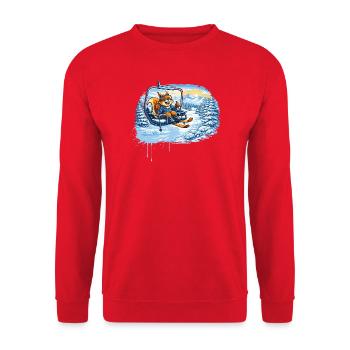 Lustiges Eichhörnchen im Skilift –Winterspaß Motiv - Unisex Pullover - Rot - Vorne - Alina (178cm) & Michal (187cm)