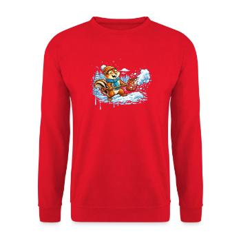 Streifenhörnchen beim Schneeschippen – Winterspaß - Unisex Pullover - Rot - Vorne - Alina (178cm) & Michal (187cm)