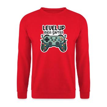 Level Up Garten-Controller Design - Unisex Pullover - Rot - Vorne - Alina (178cm) & Michal (187cm)