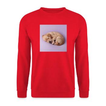 Schlafender Welpe auf fliederfarbenem Hintergrund - Unisex Pullover - Rot - Vorne - Alina (178cm) & Michal (187cm)