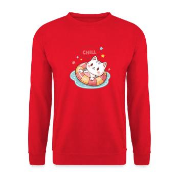 Chill-Katze in Pastell-Boje - Unisex Pullover - Rot - Vorne - Alina (178cm) & Michal (187cm)