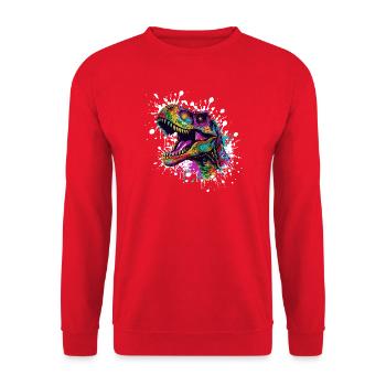 Bunter Dino-Splatter - Unisex Pullover - Rot - Vorne - Alina (178cm) & Michal (187cm)