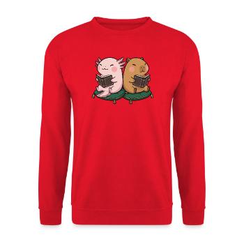 Niedliches Kawaii Buchliebhaber Axolotl Wasserschw - Unisex Pullover - Rot - Vorne - Alina (178cm) & Michal (187cm)