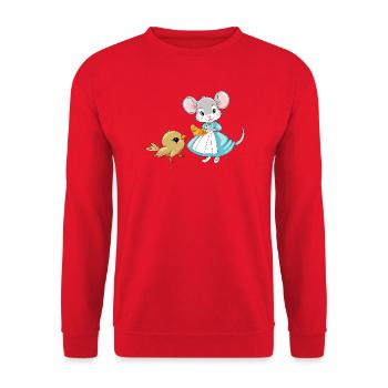 Little_mouse_is_sharing_a_croissant_with_a_bird - Unisex Pullover - Rot - Vorne - Alina (178cm) & Michal (187cm)