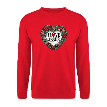 I Love Jesus Floral Heart - Unisex Pullover - Rot - Vorne - Alina (178cm) & Michal (187cm)