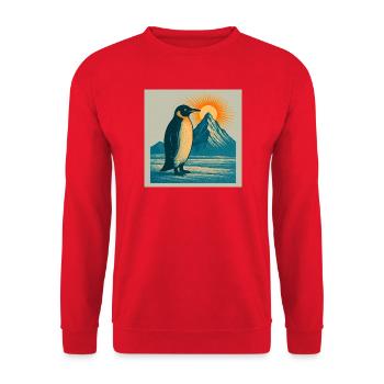 Pinguin im Sonnenaufgang am Bergmeer - Unisex Pullover - Rot - Vorne - Alina (178cm) & Michal (187cm)
