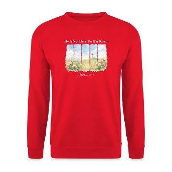 Er ist auferstanden, Matthäus 28,6 Ostern Christlich - Unisex Pullover - Rot - Vorne - Alina (178cm) & Michal (187cm)