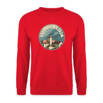 Explore Liechtenstein Vaduz Castle Travel Art - Unisex Sweatshirt - red - Front - Alina (178cm) & Michal (187cm)