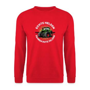 Les vrais héros conduisent des jantes rouges – vert tracteur - Sweat-shirt Unisexe - rouge - Devant - Alina (178cm) & Michal (187cm)