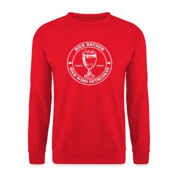 BierBrüder. Hier wird getrunken. - Unisex Pullover - Rot - Vorne - Alina (178cm) & Michal (187cm)