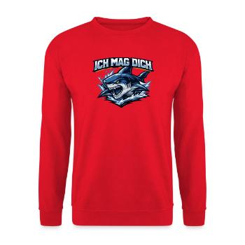 Böser Hai Motiv - Ich mag dich - Unisex Pullover - Rot - Vorne - Alina (178cm) & Michal (187cm)