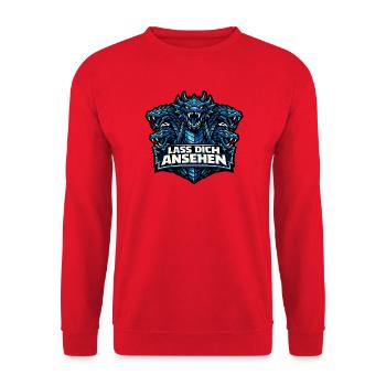 Sagengestalt Hydra mit Spruch: Lass dich ansehen - Unisex Pullover - Rot - Vorne - Alina (178cm) & Michal (187cm)