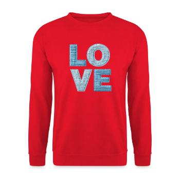 Love Denim Patch Schrift - Unisex Pullover - Rot - Vorne - Alina (178cm) & Michal (187cm)