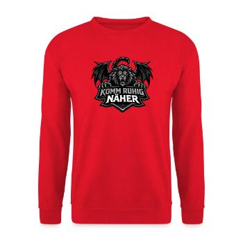 Mantikor Fabelwesen Design: Komm näher Spruch - Unisex Pullover - Rot - Vorne - Alina (178cm) & Michal (187cm)