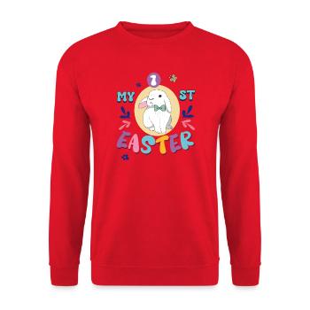 Mein erstes Ostern, süßer Hase mit Schleife - Unisex Pullover - Rot - Vorne - Alina (178cm) & Michal (187cm)