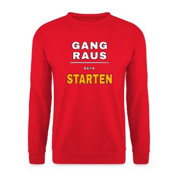 Gang raus dann starten - Lustiger Auto Spruch. - Unisex Pullover - Rot - Vorne - Alina (178cm) & Michal (187cm)