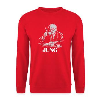 Carl Gustav Jung buvant un portarit au café - Sweat-shirt Unisexe - rouge - Devant - Alina (178cm) & Michal (187cm)