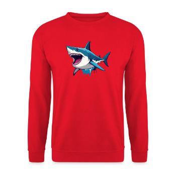 Fröhlicher weißer Hai Spritz Effekt Maritim Motiv - Unisex Pullover - Rot - Vorne - Alina (178cm) & Michal (187cm)