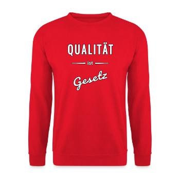 Qualität ist für mich Gesetz – Spruch - Unisex Pullover - Rot - Vorne - Alina (178cm) & Michal (187cm)
