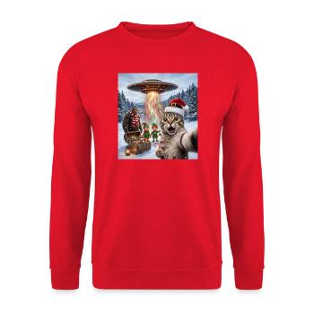 Weihnachtskatze im UFO-Selfie - Unisex Pullover - Rot - Vorne - Alina (178cm) & Michal (187cm)
