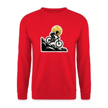Mountainbiker Rock Garden Holzschnitt - Unisex Pullover - Rot - Vorne - Alina (178cm) & Michal (187cm)