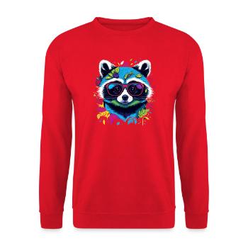Bunter Waschbär mit Brille und Blättern - Unisex Pullover - Rot - Vorne - Alina (178cm) & Michal (187cm)