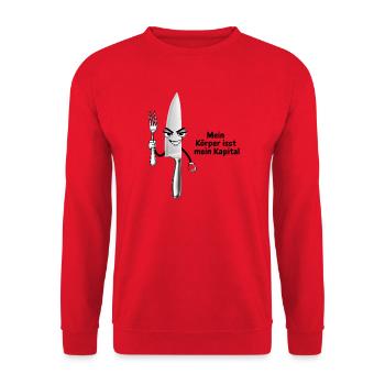 Freches Küchenmesser-Motiv - Unisex Pullover - Rot - Vorne - Alina (178cm) & Michal (187cm)