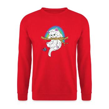 Cat on branch plays with butterfly - Unisex Sweatshirt - red - Front - Alina (178cm) & Michal (187cm)