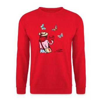 Mädchen fotografiert Schmetterlinge - Unisex Pullover - Rot - Vorne - Alina (178cm) & Michal (187cm)