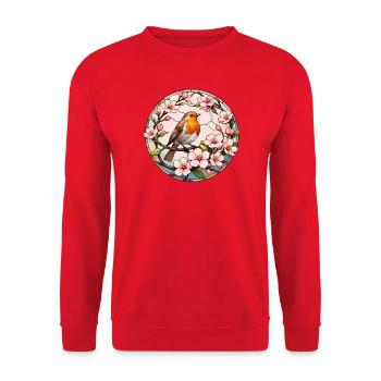 Rotkehlchen mit Kirschblüten Frühlingsmotiv - Unisex Pullover - Rot - Vorne - Alina (178cm) & Michal (187cm)