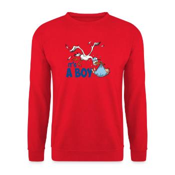 Storch mit dem kleinen Jungen; "Es ist ein Junge" - Unisex Pullover - Rot - Vorne - Alina (178cm) & Michal (187cm)