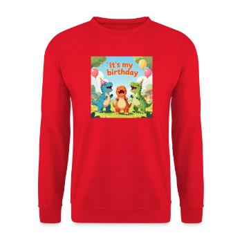 Dino Geburtstagsparty: Es ist mein Geburtstag - Unisex Pullover - Rot - Vorne - Alina (178cm) & Michal (187cm)