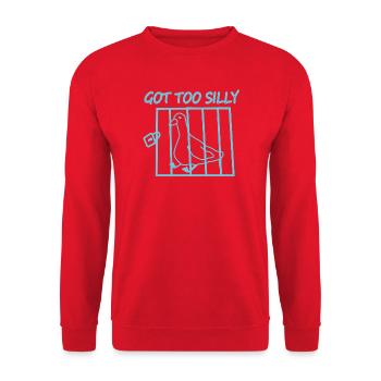 Vogel im Käfig mit dem Text Wurde zu dumm - Unisex Pullover - Rot - Vorne - Alina (178cm) & Michal (187cm)