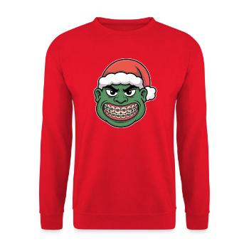 Grüner Santa Braces Grinser - Unisex Pullover - Rot - Vorne - Alina (178cm) & Michal (187cm)