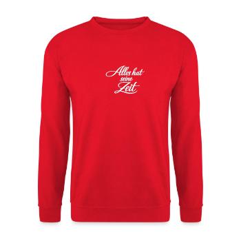 Alles hat seine Zeit – Kalligrafie-Spruch - Unisex Pullover - Rot - Vorne - Alina (178cm) & Michal (187cm)