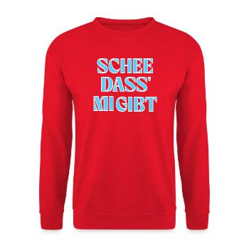 Selbstliebe auf bayerisch: Schee, dass mi gibt. - Unisex Pullover - Rot - Vorne - Alina (178cm) & Michal (187cm)