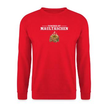 Powered by Maultaschen – Schwabe Gift - Unisex Sweatshirt - red - Front - Alina (178cm) & Michal (187cm)